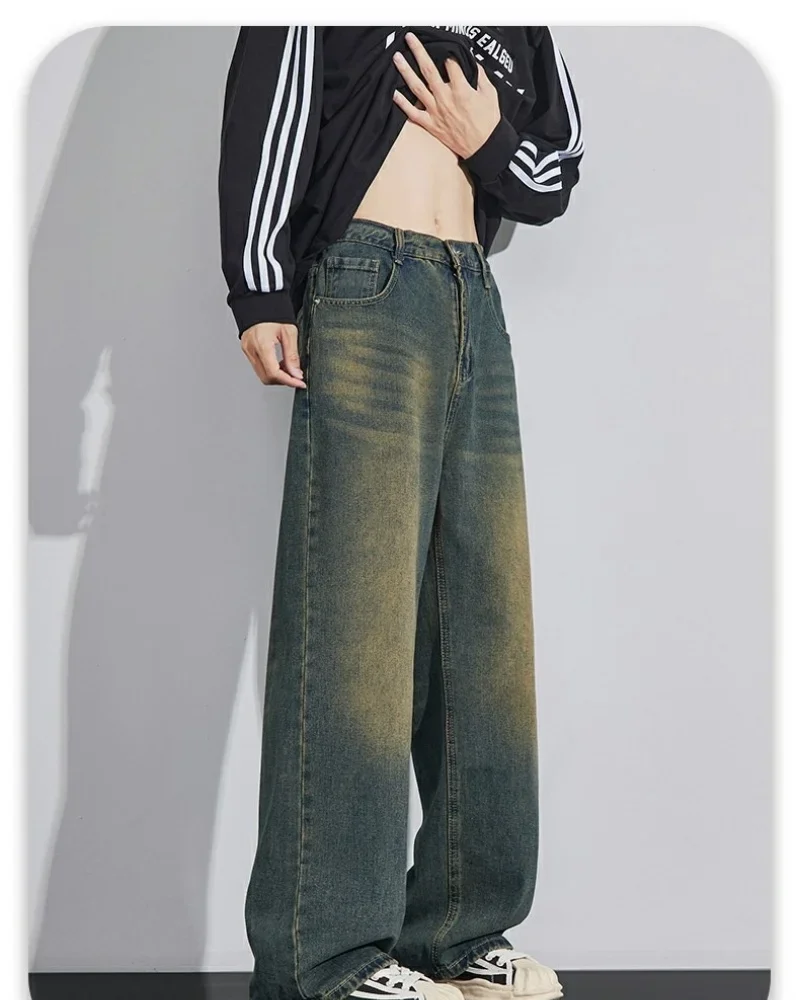 남성 데님 팬츠 빈티지 워싱 와이드 레그 루즈 진 캐주얼 스트레이트 아메리칸 스타일 스트리트 남성 바지 사계절 신상 2026