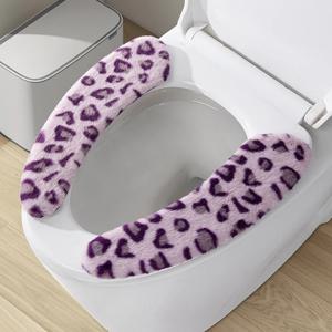 겨울용 변기 시트 쿠션, 가정용 접착식 변기 매트, 범용 방수 변기 시트 링, 레오파드 프린트 플리스, 2개 세트