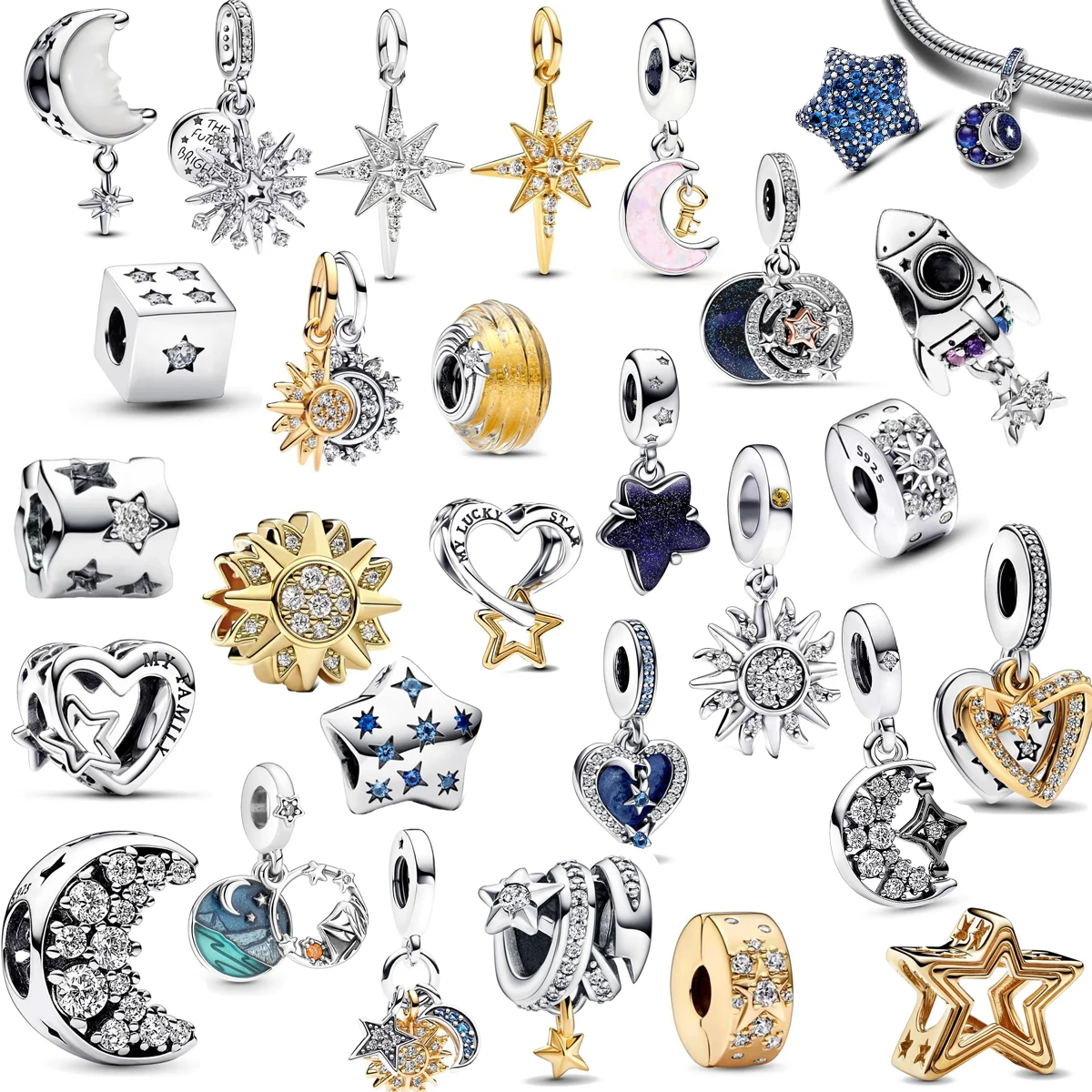 뉴문 & 스타 시리즈 럭 트윙클 선 참스, 오리지널 925 참스 팔찌용 실버 참 비즈, 여성용 DIY 주얼리