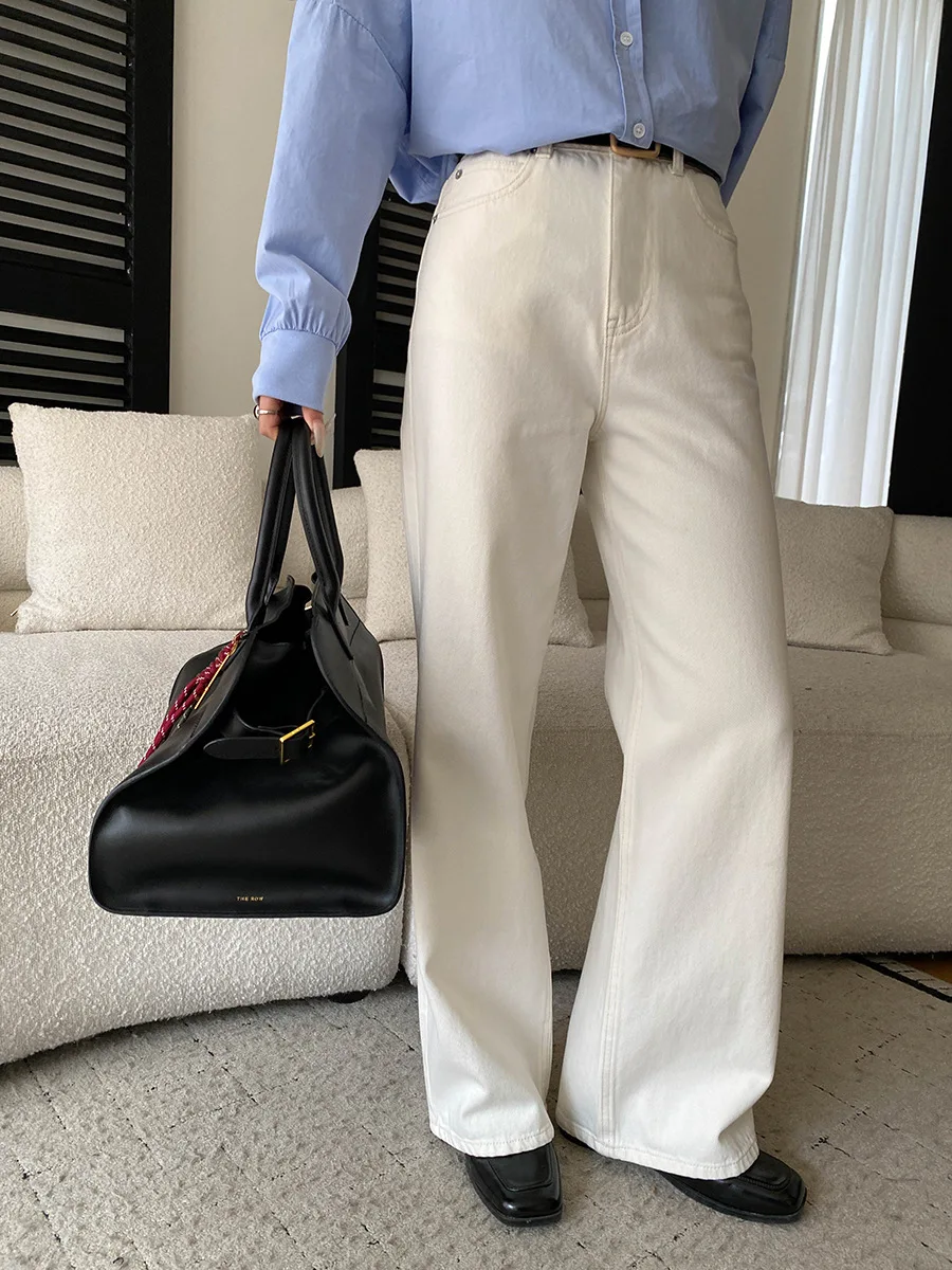 봄 여성 패셔너블하고 심플한 출퇴근룩, 하이웨이스트 와이드 레그 스트레이트 슬리밍 진