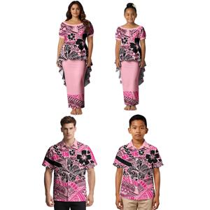 고급 맞춤 가족복 패턴 남성용 셔츠 여성용 드레스 트라이벌 디자인 사모아 폴리네시안 프린트 가족 세트 하와이안