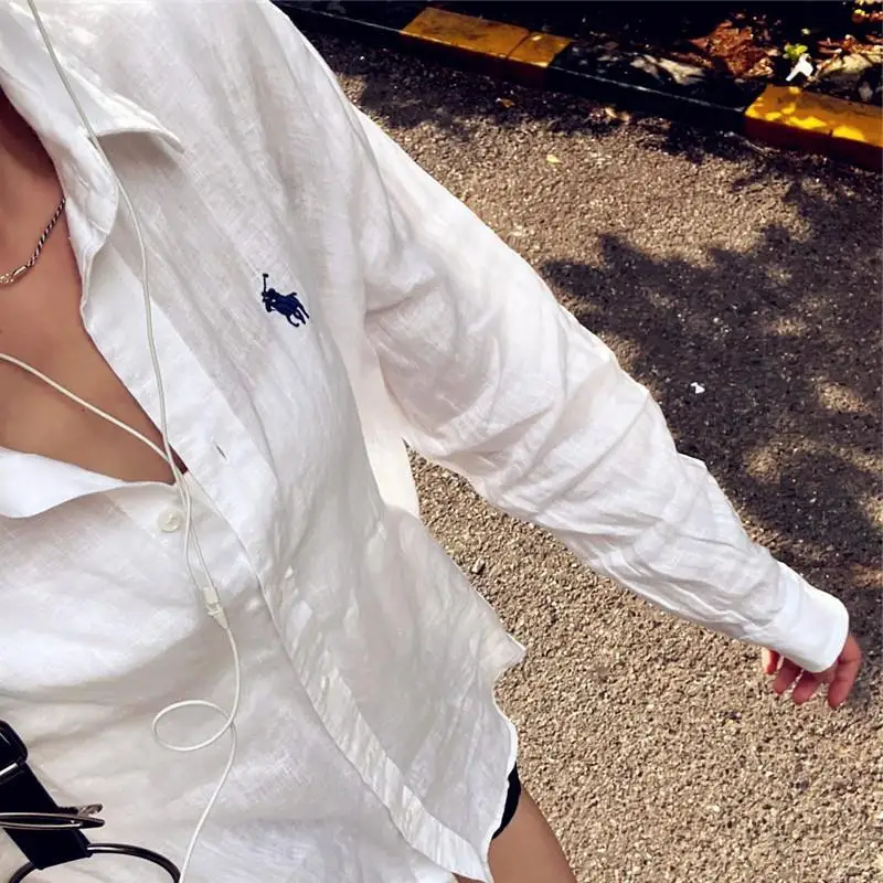 여름 얇은 면 린넨 긴팔 흰색 셔츠 아우터 여성용 루즈핏 아우터 재킷 폴로 칼라 버튼 업 중간 길이