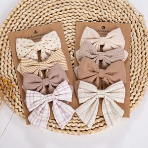 4개/세트 아기 여자아이 헤어 리본 클립 린넨 코튼 포니테일 헤어핀 체크무늬 꽃무늬 도트무늬 프린트 한국 스타일 헤어그립 어린이 헤어 액세서리
