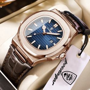 포에다가 비즈니스 남성용 시계 날짜 표시 방수 야광 고급 남성 시계 고품질 가죽 쿼츠 사각 시계 남성용 레로즈