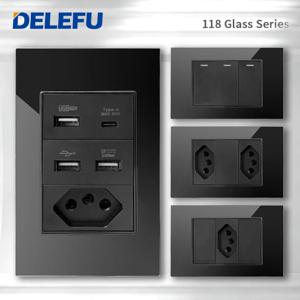 DELEFU 4*2 검정색 강화 유리 브라질 표준 콘센트 듀얼 Usb 유형 C 벽 소켓 전등 스위치 스위스 10A 20A