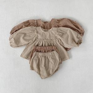 봄 유아 아기 소녀 세트 면 격자 무늬 블라우스와 반바지 세트 어린이 유아 복장