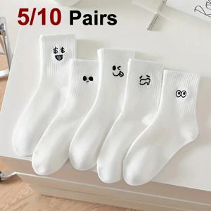 5/10 쌍 여성 흰색 만화 양말 유행 다목적 표현 양말 심플한 디자인 부드러운 통기성 편안한 캐주얼 양말
