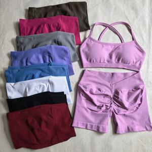 여성용 2피스 요가복 심리스 피트니스 슈트 짐 의류 스포츠 브라 임팩트 반바지 세트 운동복 세트 짐 아웃핏