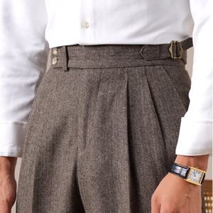 남성용 가을 헤링본 드레스 팬츠 나폴리 남성용 울 혼방 하이웨이스트 소셜 캐주얼 다용도 롱 팬츠 오피스 바지