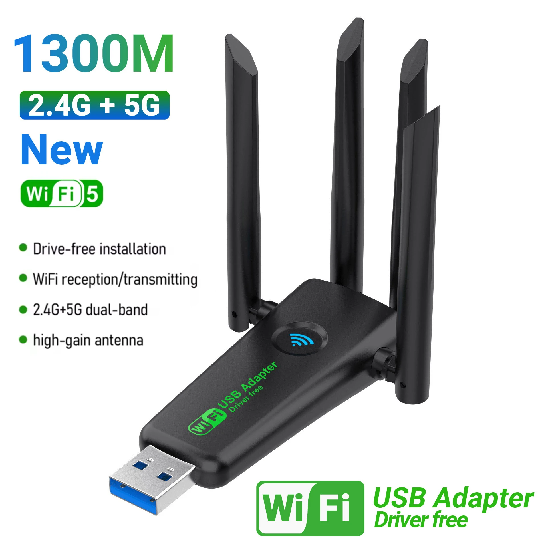 1300Mbps WiFi USB 어댑터 듀얼 밴드 2.4G/5Ghz Wi-Fi 동글 USB3.0 고속 802.11AC 4-안테나 무선 수신기 드라이버 프리