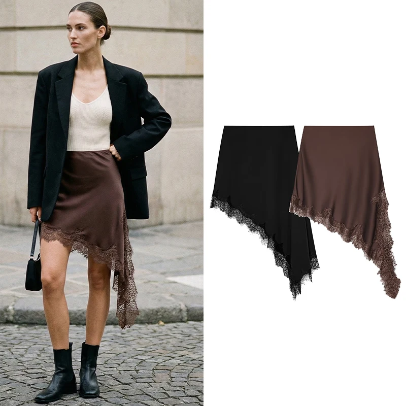 Willshela 여성 패션 솔리드 레이스 밑단 비대칭 미니 스커트 빈티지 하이 엘라스틱 허리 여성 시크 레이디 스커트