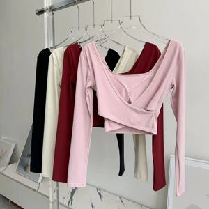 가을 슬림핏 긴팔 요가탑 크로스백 고정형 가슴 패드 스포츠 러닝 피트니스 타이트핏 셔츠