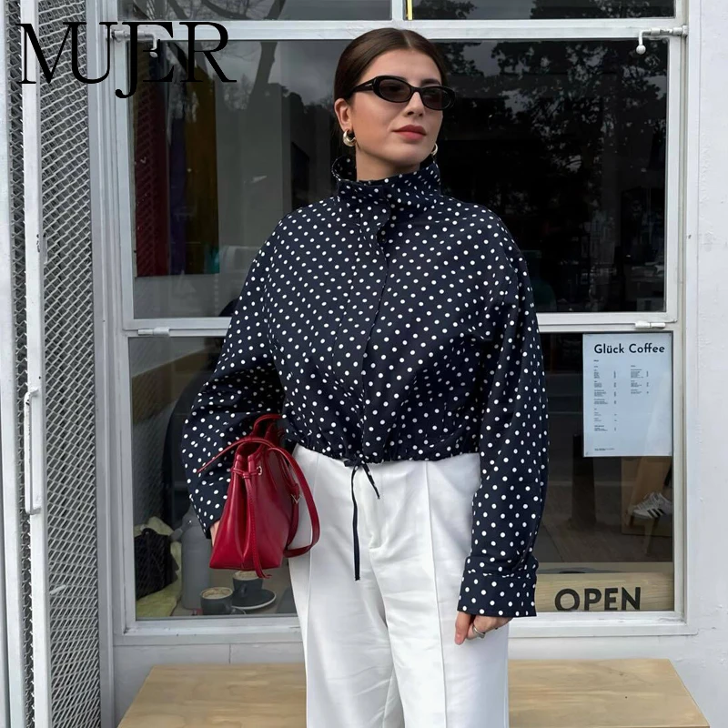 MUJER 폴카 도트 봄버 재킷 여성용 오버사이즈 데미 시즌 재킷 여성용 패션 겨울 코트 여성용 크롭 재킷