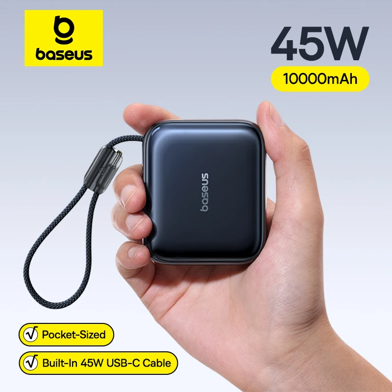 베이스어스 45W 미니 파워뱅크 10000mAh 내장 USB-C 케이블 포켓 사이즈 소형 고속 충전 휴대용 아이폰 17 삼성 S25용