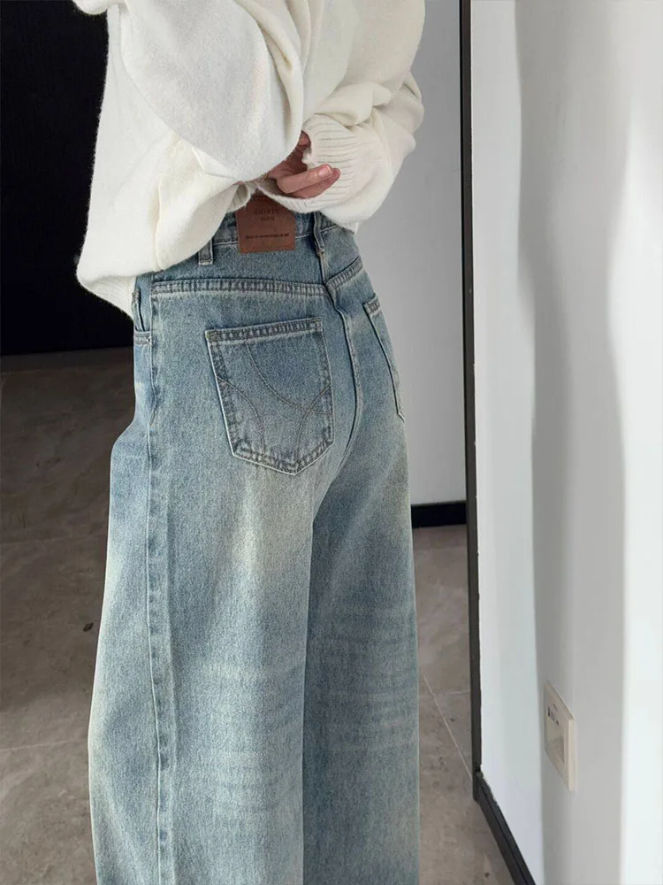 레트로 워싱 하이웨이스트 슬리밍 네로우 버전 스트레이트 레그 진 여성용 자수 루즈 와이드 레그 팬츠 캐주얼 스타일