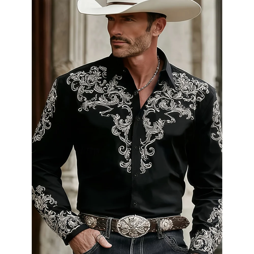 남성용 빈티지 3D 프린트 웨스턴 카우보이 셔츠 긴팔 셔츠 스트리트 패션 클래식 셔츠 새로운 남성용 트라이벌 패턴 셔츠 탑