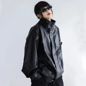 여성용 하라주쿠 PU 재킷, 인조 가죽 긴팔 코트, 헤비 메탈 블랙, Y2K 아우터, 여성용 상의, 터틀넥 패션