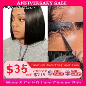 와우 엔젤 스트레이트 짧은 밥 5x5 HD 레이스 클로저 가발 글루리스 인간의 머리 가발을 사용할 준비가되었습니다. 여성을 위한 감지할 수 없는 PrePlucked 가발
