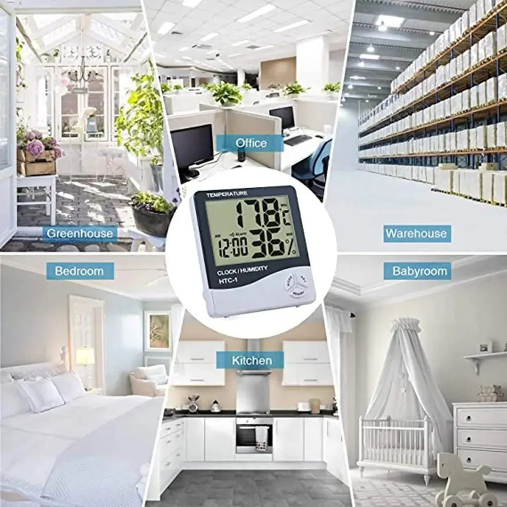 HTC-1 LCD 전자 온습도계, 시계가 있는 기상 관측소 전자 디지털 온습도계 가정용