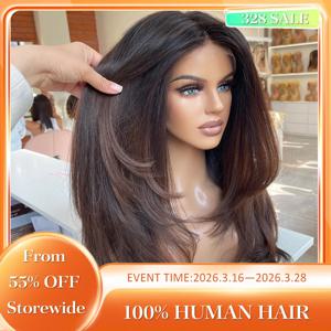 옹 브르 브라운 컬러 13x4 레이스 프론트 레이어드 가발 레미 브라질 인간의 머리카락 프리 컷 스트레이트 내추럴 블랙 정면 가발 Pre Plucked