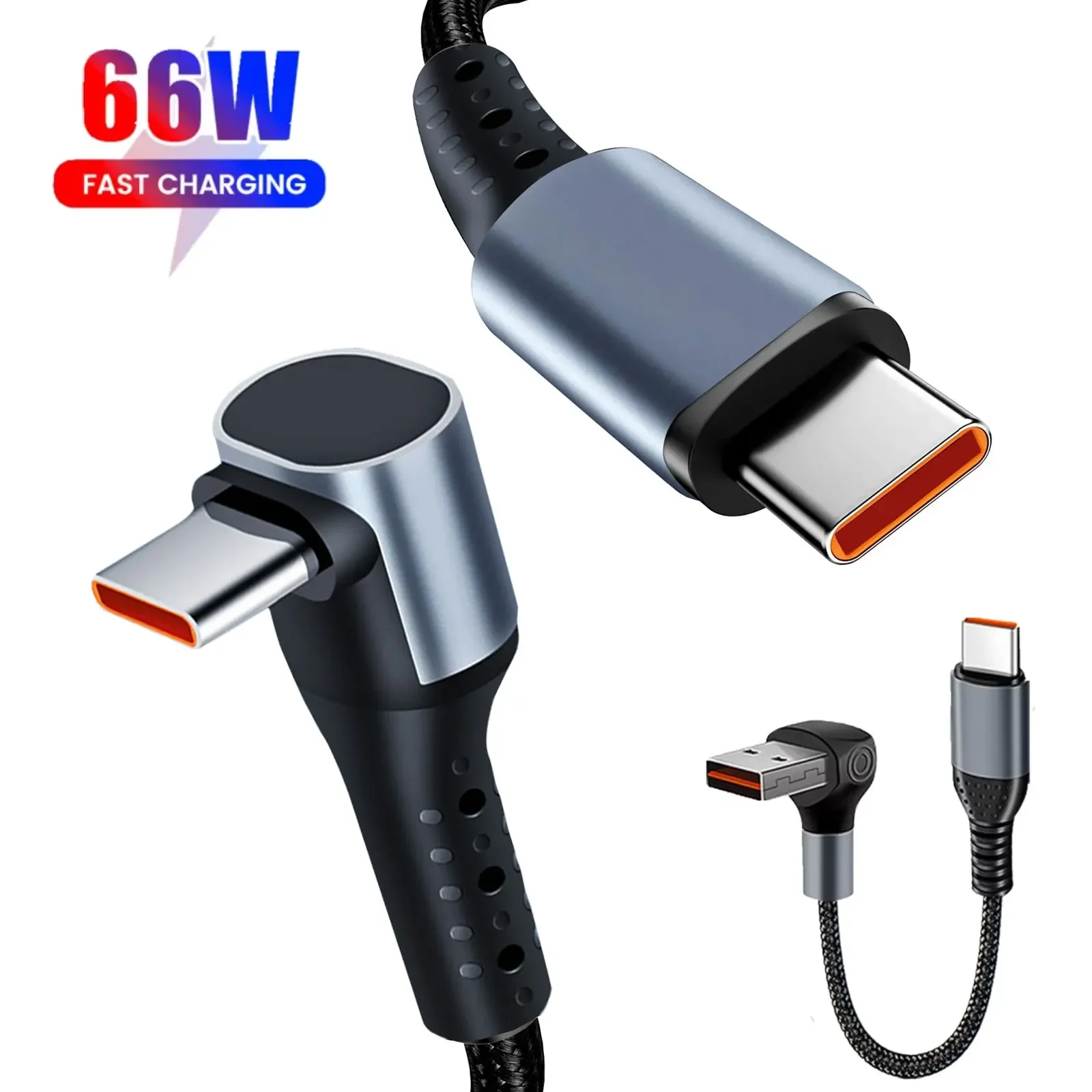 90 ℃   엘보우 USB 타입 C 케이블 66W 6A 타입 C to 타입 C 고속 충전 데이터 케이블 아이폰15용 0.25M/0.5M 짧은 파워뱅크 케이블 타입 C