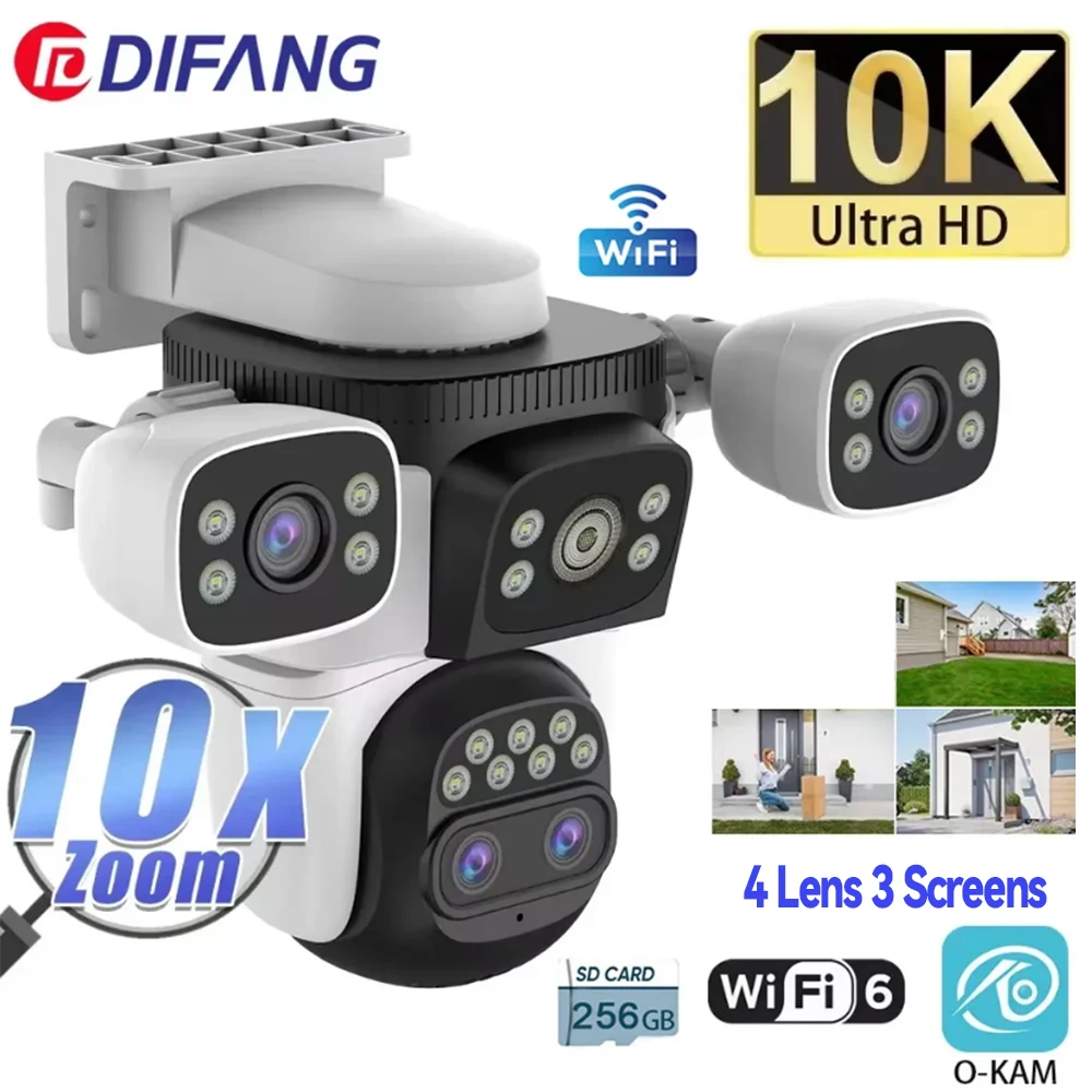 20MP 10배 광학 줌 WiFi6 야외 보안 카메라 4렌즈 3화면 자동 추적 6K 듀얼 렌즈 방수 WiFi CCTV 카메라 10K