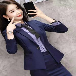 슬리밍 얇은 블루 슈트 재킷 여성 가을 새로운 전문 작업복 하프 스커트 투피스 세트 한국 스타일 통근 패션
