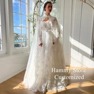 프린세스 웨딩 원피스 케이프, 맞춤형 스트랩리스 긴 소매, 절묘한 레이스 A 라인 코르셋, 신부 가운, 드 마리