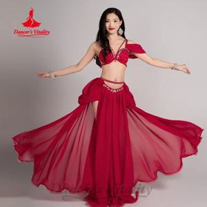 BellyDance 코스튬 여성 시니어 AB 스톤 브라 + 쉬폰 롱 스커트, 오리엔탈 댄스 전문 공연 복장, 2 개