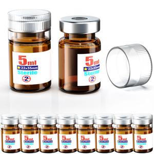 멸균 처리된 빈 바이알, 재사용 가능한 캡 및 13/20mm 자가 밀봉 주사 포트 포함, 버클 유리 바이알, 멸균 포장, 호박색