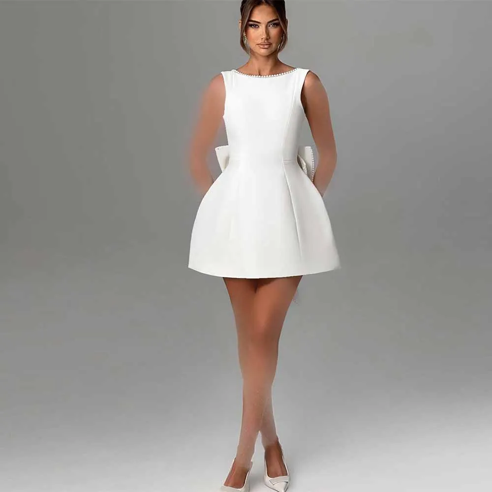 미니 시빌 웨딩드레스 새틴 A라인 웨딩 파티 드레스 화이트 O넥 진주 리본 백리스 지퍼 숏 웨딩드레스 2025
