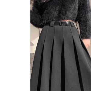 그레이 모직 스커트 여성용 하이 웨이스트 슬리밍 드레이프 미디 A라인 스커트 통근 스타일 한국어 버전 안감 없음 지퍼 포켓