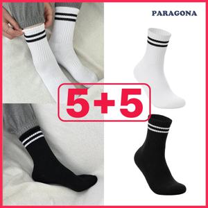 파라고나 남성 줄가라 쿠션 스포츠 중목 흰 검 양말 10켤레 세트