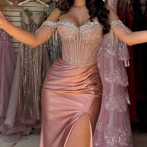 고급스러운 여성 이브닝 드레스 2025 스트레치 패브릭 외장 연예인 드레스 로즈 핑크 오프 숄더 크리스탈 댄스 파티 드레스 긴