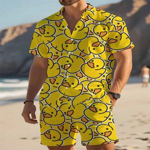 하와이 셔츠 세트 남성 옐로우 오리 프린트 패션 패턴 여름 패션 캐주얼 데일리 대형 버튼 다운 셔츠 반바지 2피스 세트