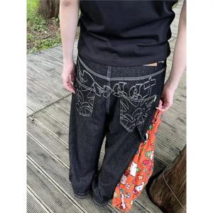 플러스 사이즈 아메리칸 자수 와이드 레그 청바지 여성용 팻 MM 레트로 다용도 캐주얼 슬리밍 루즈 스트레이트 바닥 길이 바지