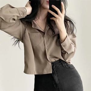 간단한 싱글 브레스트 루즈 캐주얼 솔리드 긴팔 셔츠와 블라우스 Office Lady Trend Short Top Simple Elegant White Clothes
