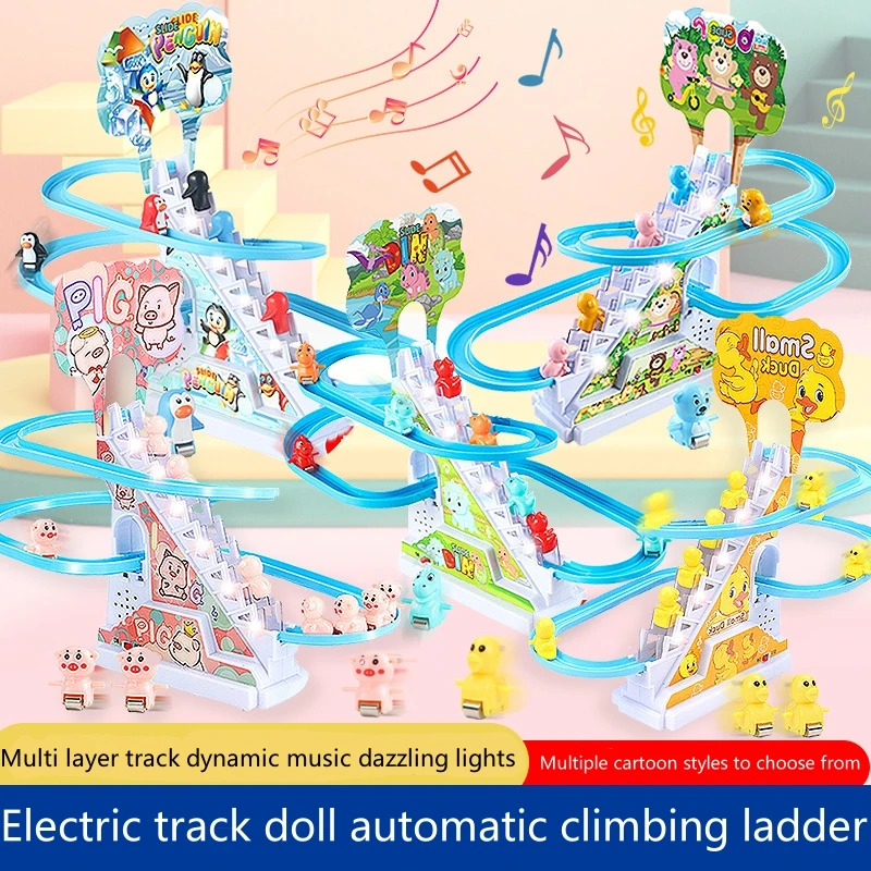전기 오리 트랙 레일 레이싱 슬라이드 오리 계단 등반 아기 장난감 LED 조명 뮤지컬 슬라이드 롤러 코스터 장난감 선물