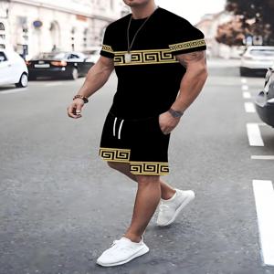 2025 망 여름 캐주얼 정장 질감 인쇄 혼합 색상 짧은 소매 야외 거리 패션 반바지 두 조각 주머니 느슨한 양복