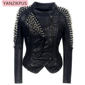 Steampunk Rock 리벳 여성용 가죽 자켓 슬림 짧은 streetwear 고딕 자수 pu 가죽 기관차 코트 femme