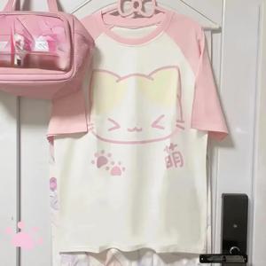 미학 일본 그런지 티셔츠 Y2k 하라주쿠 애니메이션 만화 고양이 탑 티셔츠 반팔 여성 카와이 의류 streetwear