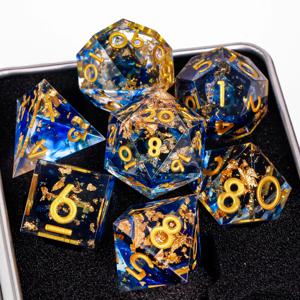블루 수지 D&D 주사위 세트 던전 및 드래곤용 7pcs 다면체 주사위, RPG 주사위 역할 게임 D4, D6, D8, D10, D12, D20