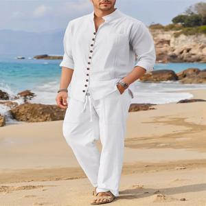 남성용 세련된 코튼 린넨 셔츠 세트 쿠바 포켓 긴 소매 캐주얼 투피스 슈트 봄 가을 100% 천연 섬유