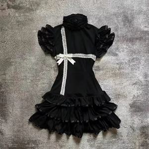 일본 E걸 고딕 빈티지 드레스 여성 하프 하이넥 반팔 리본 레이스 미니 드레스 허리 조절 스윗 스파이시 블랙 드레스