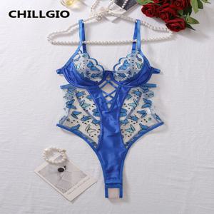 CHILLGIO 여성 나비 자수 메쉬 바디 슈트는 Underwire 스타킹을 밀어 섹시한 원피스 조합 Strappy Rompers 란제리