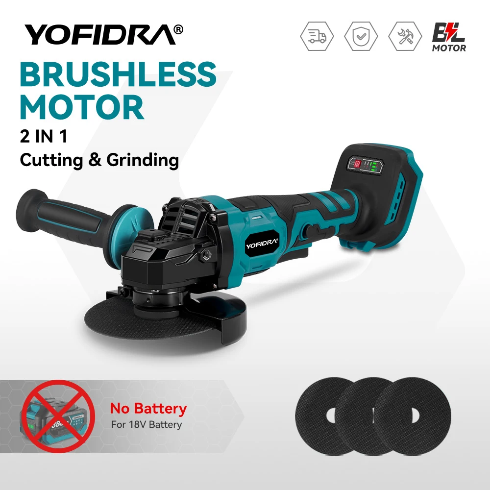 YOFIDRA 1500W 125mm 2in1 브러시리스 앵글 그라인더 12000PRM 무선 전기 광택 연삭기 마키타 배터리 핀용 전동 공구