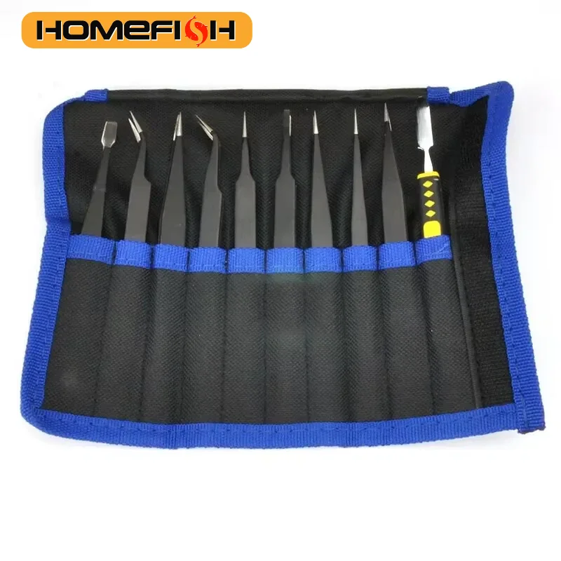 10PC 스테인레스 스틸 정전기 방지 핀셋 세트 유지 보수를 위한 정밀 전자 수리 도구