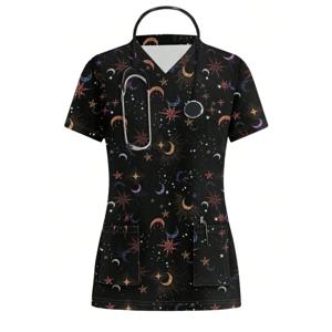 병원 간호사 유니폼 여성 의료 유니폼 인쇄 탑 치과 클리닉 작업 옷 여성용 스크럽 짧은 소매 의료 유니폼