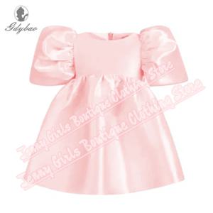 여자 파티 드레스 핑크 새틴 2025 꽃 파는 소녀 드레스 보우 퍼프 슬리브 댄스 파티 세례 첫 번째 생일 공식 이벤트