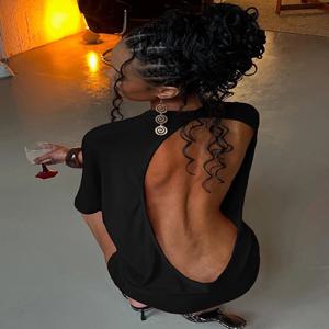 Nibber-넥 섹시 백리스 미니 원피스 여성 Y2K 솔리드 트렌드 스타일 하프 슬리브 매운 소녀 스트리트 미드 나잇 패션 슬림 의상